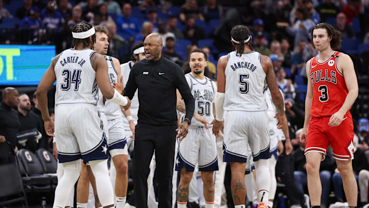 Mar 6, 2025; Orlando, Florida, USA; Orlando Magic head coach Jamahl Mosley reacts during a time out against the Chicago Bulls in the third quarter at Kia Center. Mandatory Credit: Nathan Ray Seebeck-Imagn Images
