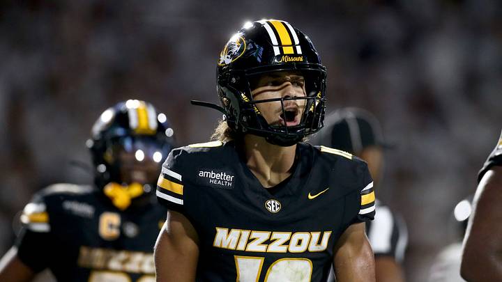 Sep 26, 2026; Starkville, Mississippi, USA;  Missouri Tigers wide receiver Cayden Lee (19) reacts after a touchdown during the third quarter against the Mississippi State Bulldogs at Davis Wade Stadium at Scott Field.  Mandatory Credit: Petre Thomas-Imagn Images