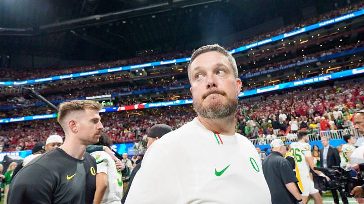 Oregon head coach Dan Lanning walks off the field after the Ducks’ loss as the Oregon Ducks face the Indiana Hoosiers in the Peach Bowl on Jan. 9, 2026, at Mercedes-Benz Stadium in Atlanta, Georgia. 