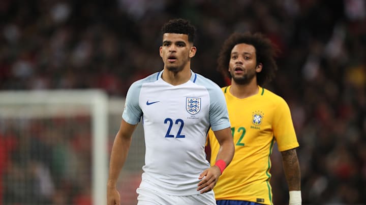 A very young Dominic Solanke being watched by Marcelo on his England debut against Brazil