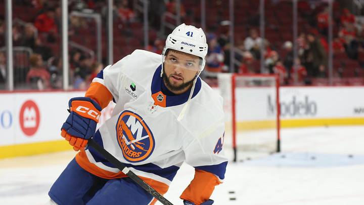 Dec 30, 2025; Chicago, Illinois, USA; New York Islanders defenseman Marshall Warren (41) warms up before a game against the Chicago Blackhawks at United Center. Mandatory Credit: Talia Sprague-Imagn Images