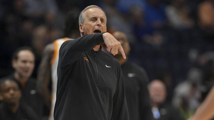 Mar 12, 2026; Nashville, TN, USA;  Tennessee Volunteers head coach Rick Barnes tells to his team against the Auburn Tigers during the first half at Bridgestone Arena. Mandatory Credit: Steve Roberts-Imagn Images