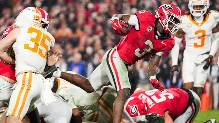 Georgia running back Nate Frazier (3) runs into the end zone for a game sealing touchdown during a college football game between Tennessee and Georgia at Sanford Stadium in Athens, Ga., on Saturday, November 16, 2024.