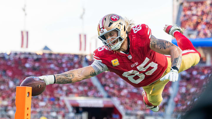 November 9, 2025; Santa Clara, California, USA; San Francisco 49ers tight end George Kittle (85) scores a touchdown during the fourth quarter against the Los Angeles Rams at Levi's Stadium. Mandatory Credit: Kyle Terada-Imagn Images