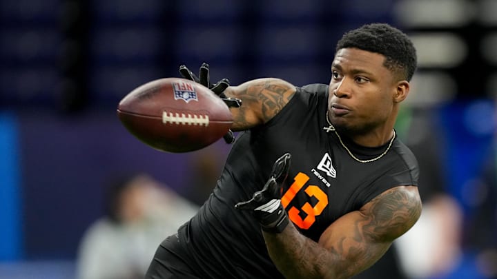 Feb 28, 2026; Indianapolis, IN, USA; Alabama running back Jam Miller (RB13) during the NFL Scouting Combine at Lucas Oil Stadium. Mandatory Credit: Kirby Lee-Imagn Images
