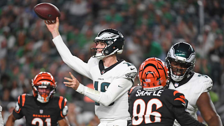 Aug 7, 2025; Philadelphia, Pennsylvania, USA; Philadelphia Eagles quarterback Tanner McKee (16) throws a pass against the Cincinnati Bengals during the second quarter at Lincoln Financial Field. Mandatory Credit: Eric Hartline-Imagn Images