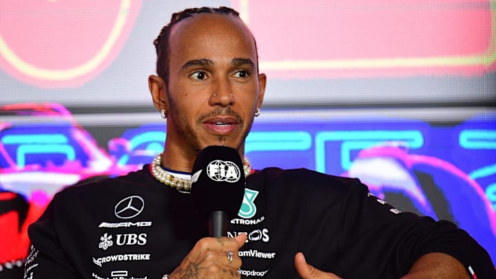 Nov 15, 2023; Las Vegas, Nevada, USA; Mercedes AMG Petronas driver Lewis Hamilton of Great Britain speaks during media availabilities at Las Vegas Strip Circuit. Mandatory Credit: Gary A. Vasquez-USA TODAY Sports