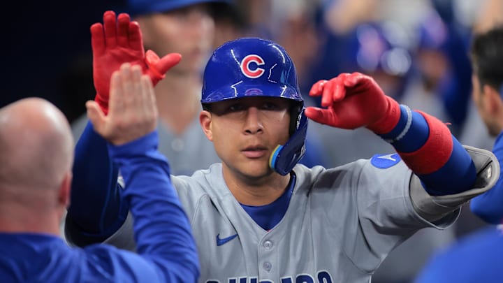 May 19, 2025; Miami, Florida, USA; Chicago Cubs catcher Miguel Amaya (9) celebrates with teammates after hitting a three-run home run against the Miami Marlins during the fourth inning at loanDepot Park. May 19, 2025; Miami, Florida, USA; Chicago Cubs catcher Miguel Amaya (9) celebrates with teammates after hitting a three-run home run against the Miami Marlins during the fourth inning at loanDepot Park.