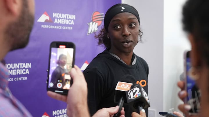 Phoenix Mercury guard Kahleah Copper speaks to the media after the team's practice at Mountain America Performance Center before their WNBA Finals series against the Las Vegas Aces on Oct. 1, 2025, in Phoenix.