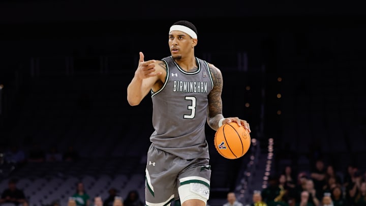 Mar 15, 2025; Fort Worth, TX, USA;  UAB Blazers forward Yaxel Lendeborg (3) dribbles the ball upcourt against the North Texas Mean Green during the first half at Dickies Arena. Mandatory Credit: Chris Jones-Imagn Images