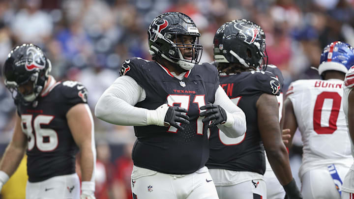 Aug 17, 2024; Houston, Texas, USA; Houston Texans offensive tackle Tytus Howard (71) during the game against the New York Giants at NRG Stadium. Mandatory Credit: Troy Taormina-Imagn Images