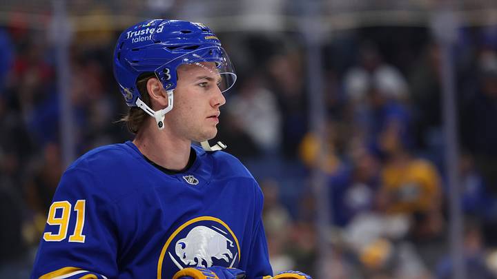Mar 27, 2026; Buffalo, New York, USA;  Buffalo Sabres right wing Josh Doan (91) before the start of a game against the Detroit Red Wings at KeyBank Center. Mandatory Credit: Timothy T. Ludwig-Imagn Images