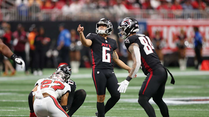 Sep 7, 2025; Atlanta, Georgia, USA; Atlanta Falcons place kicker Younghoe Koo (6) watches his kick against the Tampa Bay Buccaneers during the second quarter at Mercedes-Benz Stadium. Mandatory Credit: Brett Davis-Imagn Images