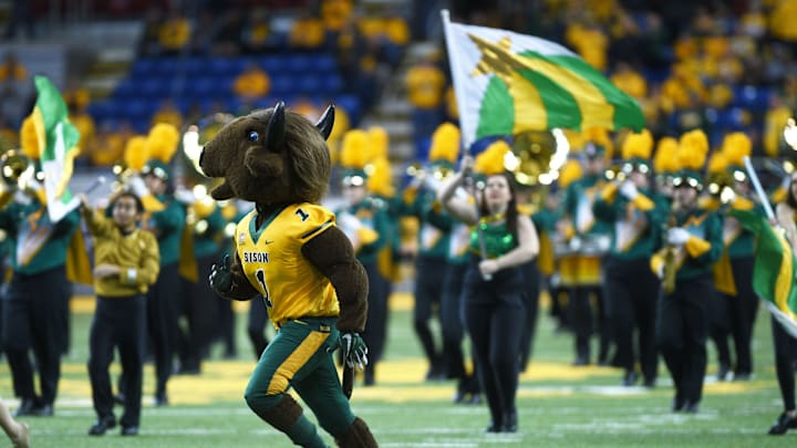 NDSU's Thundar takes the field with the band before the game against SDSU at the Fargodome Friday, Dec. 14, in the FCS playoffs in Fargo.

Sdsu Vs Ndsu 011