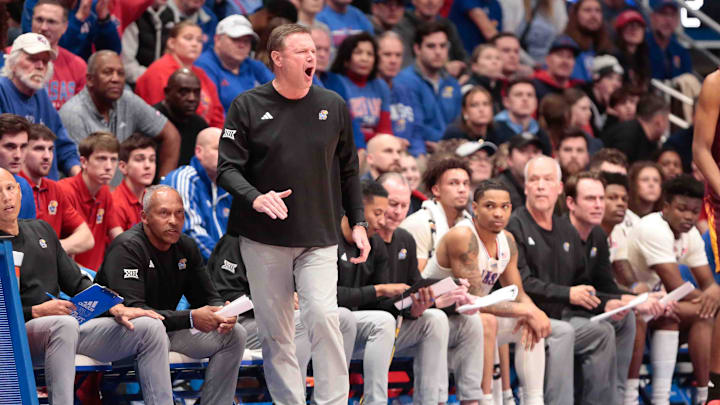 Kansas Jayhawks head coach Bill Self yells out in the first half of the game against Arizona State Sun Devils inside Allen Fieldhouse Wednesday, Jan. 8, 2025.