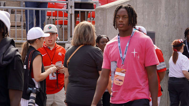 Columbus, Ohio, USA; Glassboro (New Jersey) athlete Xavier Sabb watches warm-ups before Ohio State's game against the Marshall University Thundering Herd at Ohio Stadium.