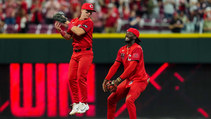 Apr 25, 2026; Cincinnati, Ohio, USA;  Cincinnati Reds second baseman Matt McLain (9) celebrates with shortstop Elly de la Cruz (44) after their team’s win against the Detroit Tigers at Great American Ball Park. Mandatory Credit: Aaron Doster-Imagn Images