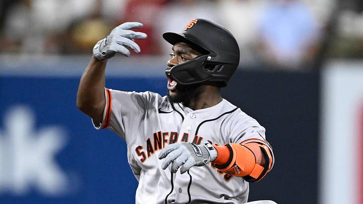 San Diego, California, USA; San Francisco Giants shortstop Osleivis Basabe (39) celebrates after hitting an RBI double during the eighth inning against the San Diego Padres at Petco Park. Mandatory Credit: Denis Poroy-Imagn Images