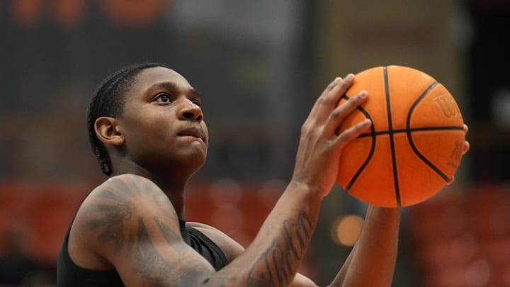 Feb 8, 2025; Stockton, California, USA; Pacific Tigers guard Elijah Fisher (22) before the game against the Gonzaga Bulldogs at Alex G. Spanos Center. Mandatory Credit: Darren Yamashita-Imagn Images