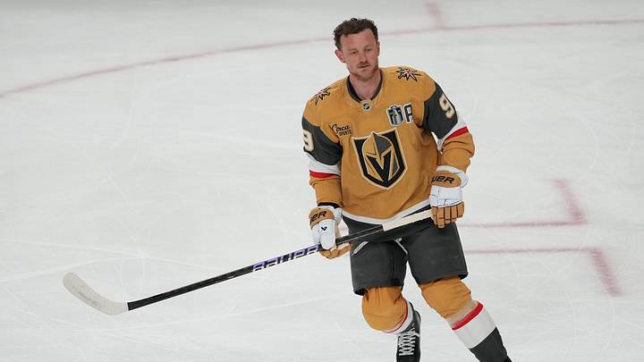 Jun 14, 2026; Las Vegas, Nevada, USA; Vegas Golden Knights center Jack Eichel (9) warms up before a game against the Carolina Hurricanes in game six of the 2026 Stanley Cup Final at T-Mobile Arena. Mandatory Credit: Lucas Peltier-Imagn Images Jun 14, 2026; Las Vegas, Nevada, USA; Vegas Golden Knights center Jack Eichel (9) warms up before a game against the Carolina Hurricanes in game six of the 2026 Stanley Cup Final at T-Mobile Arena. Mandatory Credit: Lucas Peltier-Imagn Images