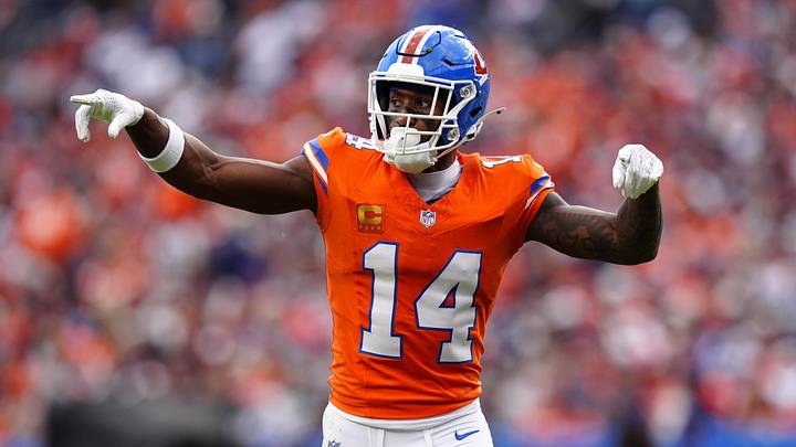Oct 26, 2025; Denver, Colorado, USA; Denver Broncos wide receiver Courtland Sutton (14) reacts in the fourth quarter against the Dallas Cowboys at Empower Field at Mile High. Mandatory Credit: Ron Chenoy-Imagn Images