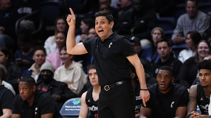 Dec 3, 2024; Villanova, Pennsylvania, USA; Cincinnati Bearcats head coach Wes Miller reacts against the Villanova Wildcats in the first half at William B. Finneran Pavilion. Mandatory Credit: Kyle Ross-Imagn Images