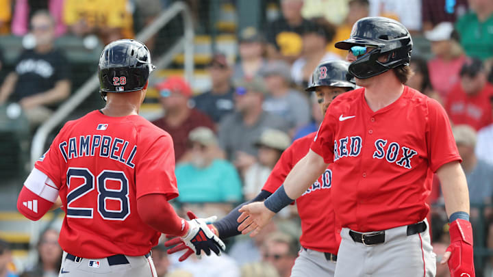 Mar 4, 2025; Bradenton, Florida, USA; Boston Red Sox left fielder Kristian Campbell , second base Nick Sogard (20) and center fielder Trayce Thompson (37) score runs during the second inning against the Pittsburgh Pirates at LECOM Park. Mandatory Credit: Kim Klement Neitzel-Imagn Images Mar 4, 2025; Bradenton, Florida, USA; Boston Red Sox left fielder Kristian Campbell , second base Nick Sogard (20) and center fielder Trayce Thompson (37) score runs during the second inning against the Pittsburgh Pirates at LECOM Park. Mandatory Credit: Kim Klement Neitzel-Imagn Images