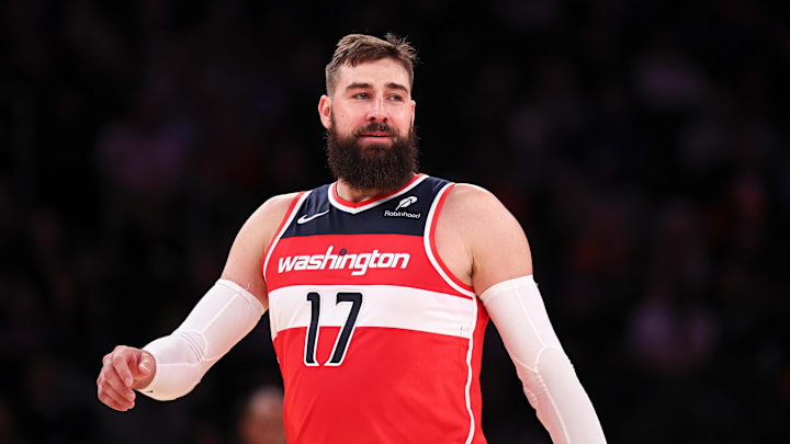 Oct 9, 2024; New York, New York, USA; Washington Wizards center Jonas Valanciunas (17) reacts during the second half against the New York Knicks at Madison Square Garden.