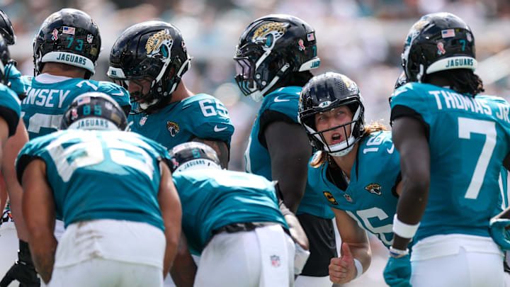 Sep 7, 2025; Jacksonville, Florida, USA; Jacksonville Jaguars quarterback Trevor Lawrence (16) in the huddle during the second half of a game against the Carolina Panthers at EverBank Stadium. Mandatory Credit: Nathan Ray Seebeck-Imagn Images