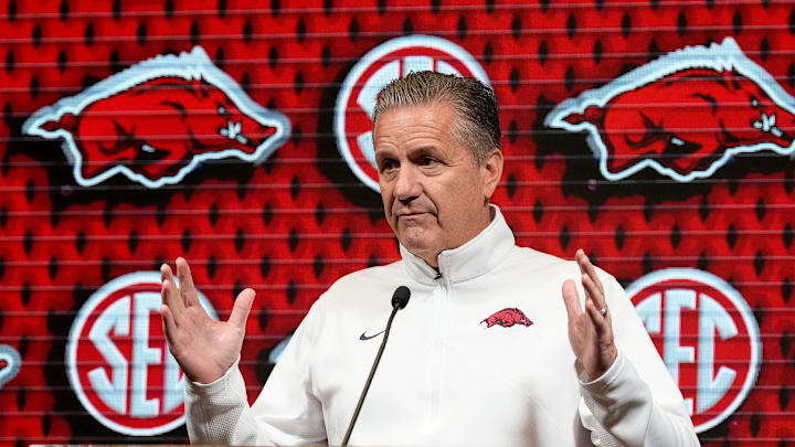 Arkansas head coach John Calipari speaks during SEC Media Day at the Grand Bohemian Hotel in Mountain Brook Tuesday, Oct. 15, 2024.