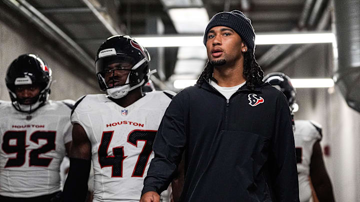 Houston Texans quarterback C.J. Stroud (7) walks out with teammates ahead of the game against Detroit Lions at Ford Field in Detroit on Saturday, August 23, 2025.