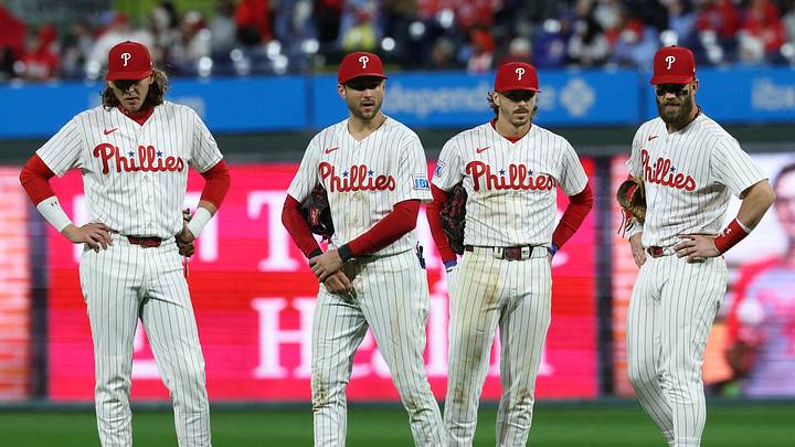 Sep 26, 2026; Philadelphia, Pennsylvania, USA; From right to left Bryce Harper and Bryson Stott and Trea Turner and Alec Bohm look on during a pitching change during the fifth inning against the Tampa Bay Rays at Citizens Bank Park. Mandatory Credit: Bill Streicher-Imagn Images