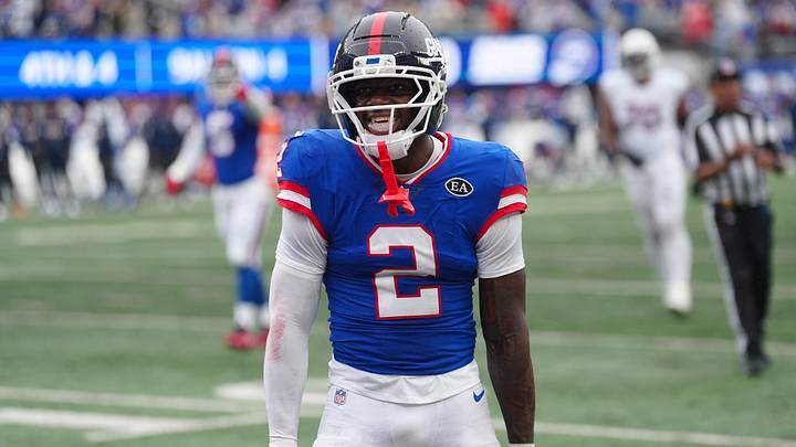 New York Giants cornerback Deonte Banks (2) is shown after the second to last play of the game where he was able to help prevent the Cardinals receiver from completing a pass. On the next play he made an interception and scored a touchdown, Sunday, October 4, 2026, in East Rutherford. New York Giants cornerback Deonte Banks (2) is shown after the second to last play of the game where he was able to help prevent the Cardinals receiver from completing a pass. On the next play he made an interception and scored a touchdown, Sunday, October 4, 2026, in East Rutherford.