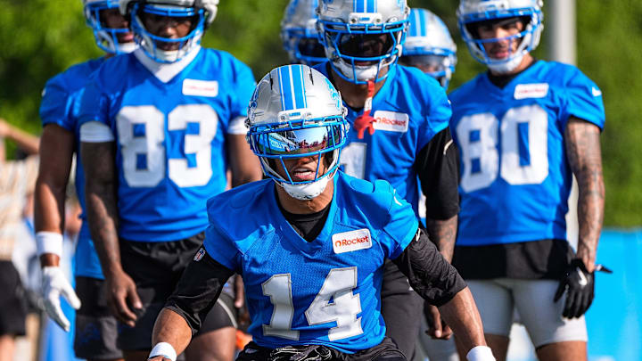 Detroit Lions wide receiver Amon-Ra St. Brown (14) practices during training camp at Meijer Performance Center in Allen Park on Monday, July 21, 2025.