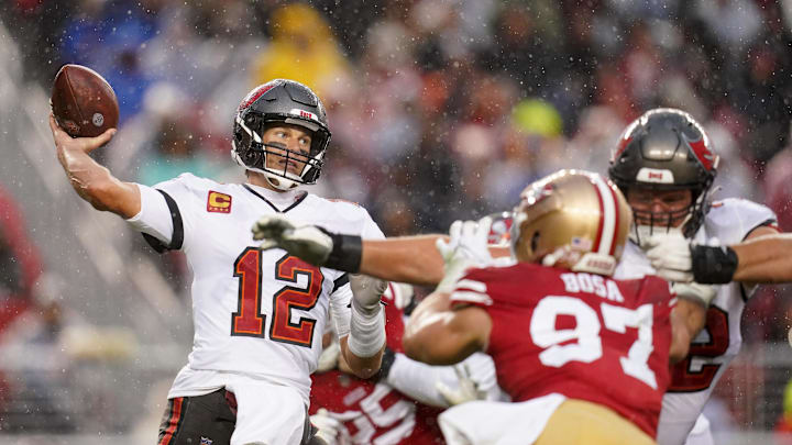 Dec 11, 2022; Santa Clara, California, USA; Tampa Bay Buccaneers quarterback Tom Brady (12) throws a