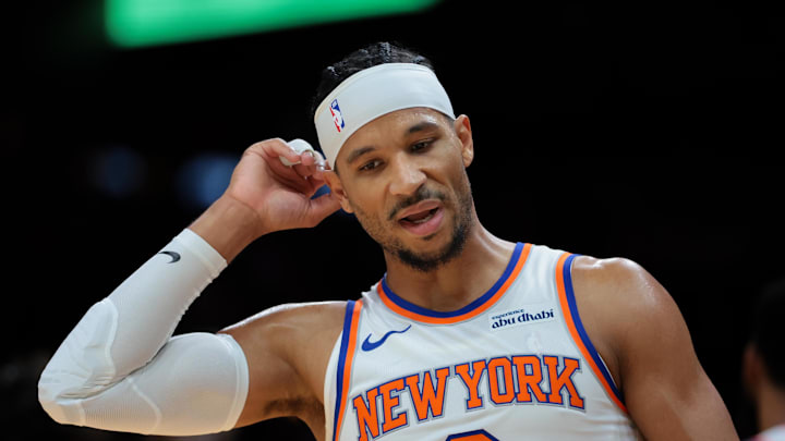 Oct 26, 2025; Miami, Florida, USA; New York Knicks guard Josh Hart (3) reacts against the Miami Heat during the first quarter at Kaseya Center. Mandatory Credit: Sam Navarro-Imagn Images