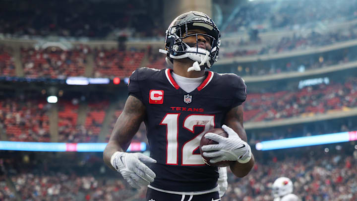 Houston Texans wide receiver Nico Collins (12) celebrates his touchdown against the Arizona Cardinals in the fourth quarter at NRG Stadium.