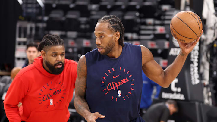Feb 8, 2025; Inglewood, California, USA;  Los Angeles Clippers forward Kawhi Leonard (2) warms up prior to a game against the Utah Jazz at Intuit Dome. Mandatory Credit: Kiyoshi Mio-Imagn Images