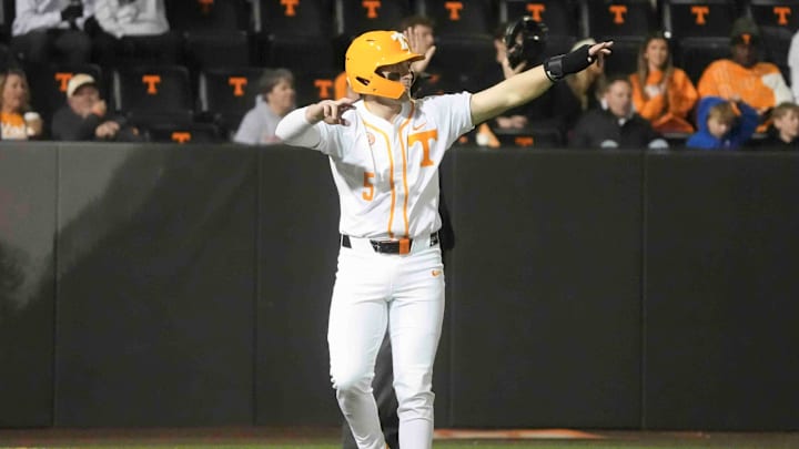 Tennessee catcher Cannon Peebles (5) celebrates after making it home safely at the Tennessee baseball season opener against Hofstra, in Lindsey Nelson Stadium at University of Tennessee in Knoxville, Tenn., Friday, February. 14, 2025.