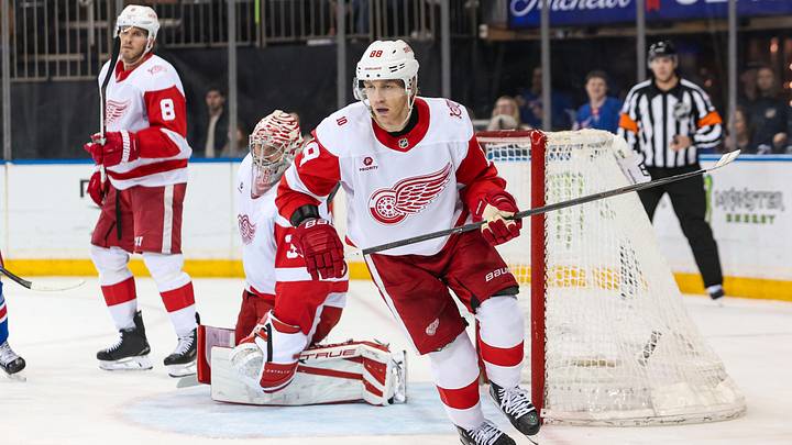 Detroit Red Wings right wing Patrick Kane (88) skates against the New York Rangers during the second period at Madison Square Garden. Mandatory Credit: Danny Wild-Imagn Images