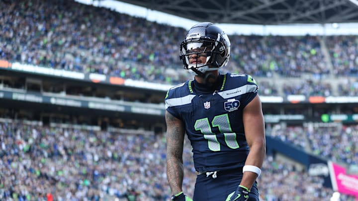 Nov 9, 2025; Seattle, Washington, USA;  Seattle Seahawks wide receiver Jaxon Smith-Njigba (11) celebrates after scoring a touchdown during the first quarter against the Arizona Cardinals at Lumen Field. Mandatory Credit: Kevin Ng-Imagn Images