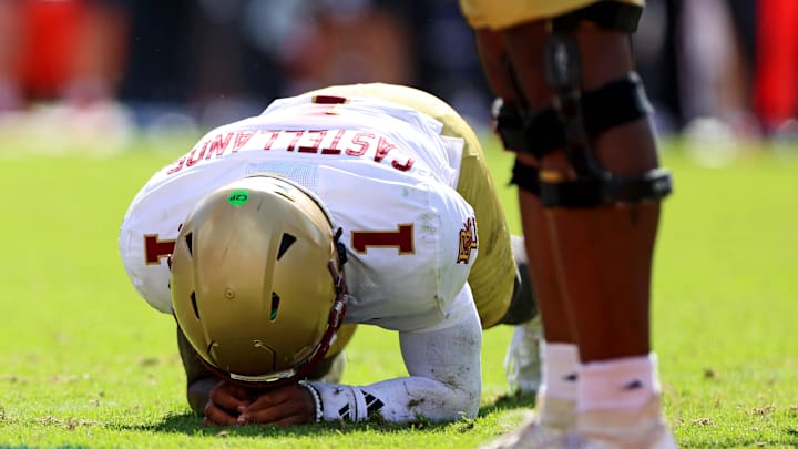 Oct 5, 2024; Charlottesville, Virginia, USA; Boston College Eagles quarterback Thomas Castellanos (1) reacts after fumbling the ball during the third quarter against the Virginia Cavaliers at Scott Stadium. Mandatory Credit: Peter Casey-Imagn Images