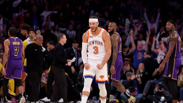 Feb 1, 2025; New York, New York, USA; New York Knicks guard Josh Hart (3) reacts after a three point shot against the Los Angeles Lakers at the buzzer at the end of the third quarter at Madison Square Garden. Mandatory Credit: Brad Penner-Imagn Images