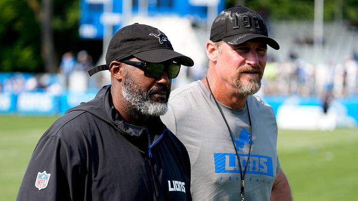 Detroit Lions executive vice president and general manager Brad Holmes, left, and Lions head coach Dan Campbell head off the practice field at the team's training facility in Allen Park on Wednesday, Aug. 14, 2024. Detroit Lions executive vice president and general manager Brad Holmes, left, and Lions head coach Dan Campbell head off the practice field at the team's training facility in Allen Park on Wednesday, Aug. 14, 2024.