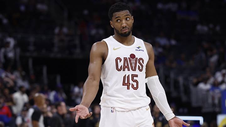 May 17, 2026; Detroit, Michigan, USA; Cleveland Cavaliers guard Donovan Mitchell (45) reacts during the second half against the Detroit Pistons during game seven of the second round of the 2026 NBA Playoffs at Little Caesars Arena. Mandatory Credit: Rick Osentoski-Imagn Images