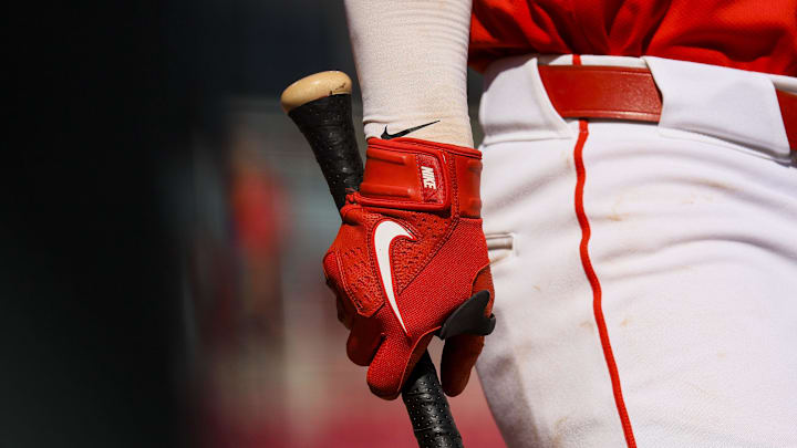 Sep 21, 2024; Cincinnati, Ohio, USA; A detail view as Cincinnati Reds second baseman Jonathan India (6) holds his bat while on deck in the eighth inning against the Pittsburgh Pirates at Great American Ball Park. Mandatory Credit: Katie Stratman-Imagn Images