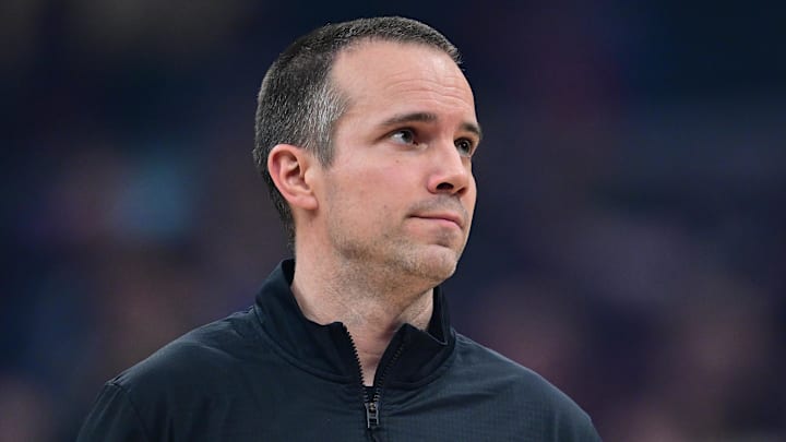 Dec 31, 2025; Cleveland, Ohio, USA; Phoenix Suns head coach Jordan Ott reacts after calling a time out during the first half against the Cleveland Cavaliers at Rocket Arena. Mandatory Credit: David Dermer-Imagn Images