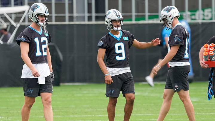 Quarterbacks Kenny Pickett (12), quarterback Bryce Young (9) and Haynes King (16) during training Quarterbacks Kenny Pickett (12), quarterback Bryce Young (9) and Haynes King (16) during training