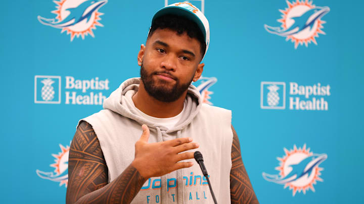 Dolphins quarterback Tua Tagovailoa addresses the media