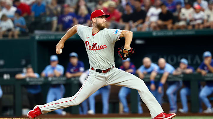 Aug 10, 2025; Arlington, Texas, USA; Philadelphia Phillies starting pitcher Zack Wheeler (45) throws during the first inning against the Texas Rangers at Globe Life Field. Mandatory Credit: Kevin Jairaj-Imagn Images Aug 10, 2025; Arlington, Texas, USA; Philadelphia Phillies starting pitcher Zack Wheeler (45) throws during the first inning against the Texas Rangers at Globe Life Field. Mandatory Credit: Kevin Jairaj-Imagn Images